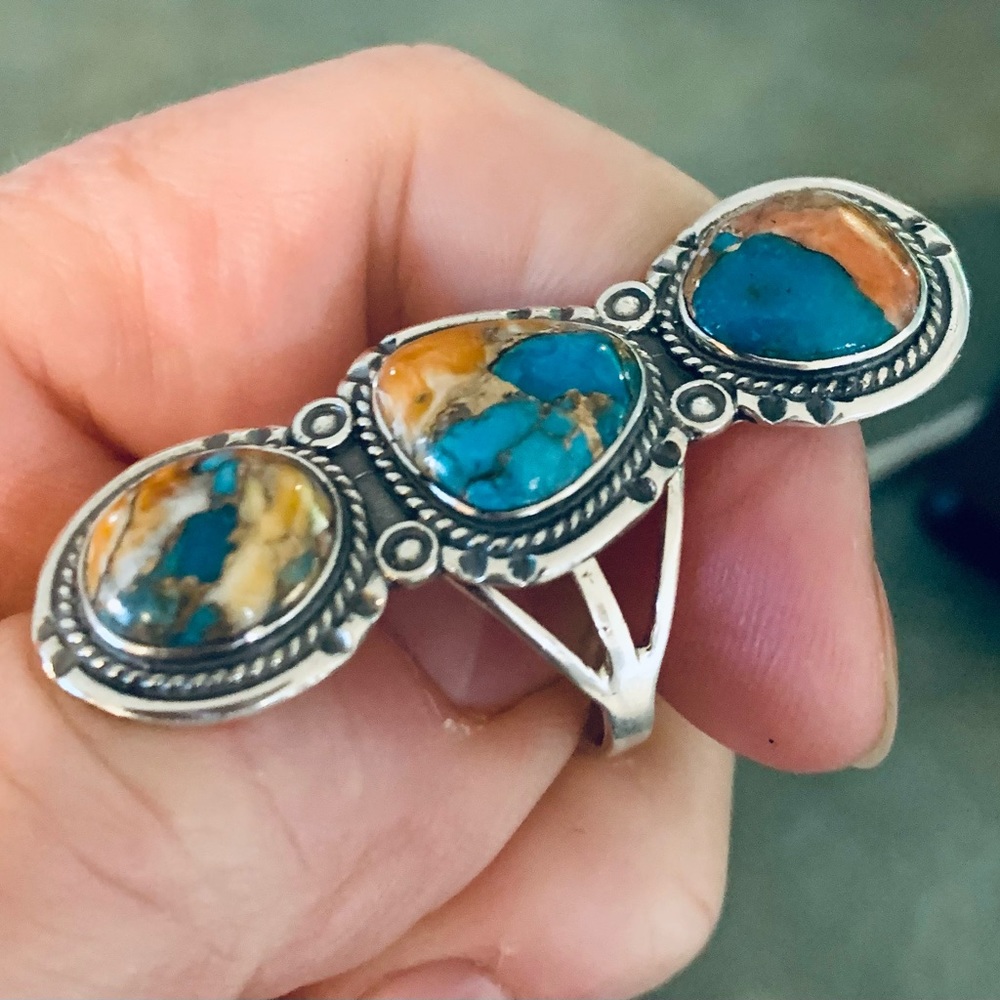 Huge Spiny Turquoise Bold 3 Stone Ring in Sterling Silver 9 Grams 2.50 ctw NWT